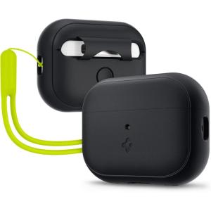 Spigen Silicone Fit Designed for AirPods Pro 2nd Generation Case 2022/2023 (USB-C/Lightening Cable) Lanyard Included – Black/Phantom Green(Black Case & Phantom Green Strap)