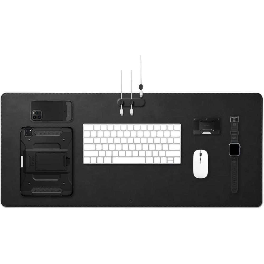 imageSpigen LD302 Desk Pad 354 x 157 Desk Mat with Cable Management Magnets Nonslip Rubber Base Waterproof Desk Blotter for Desktop Velo PU Leather Computer Desk Pad  Black