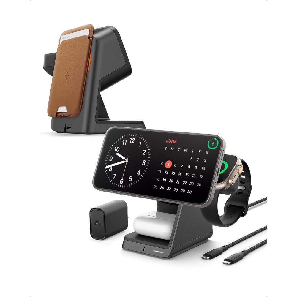 imageSpigen for MagSafe Charger Stand Certified 3 in 1 Wireless Charging Station 15W Fast Charging Compatible with iPhone 17 16 15 14 13 AirPods Apple Watch 10 Ultra 2 Wallet Accessories and More