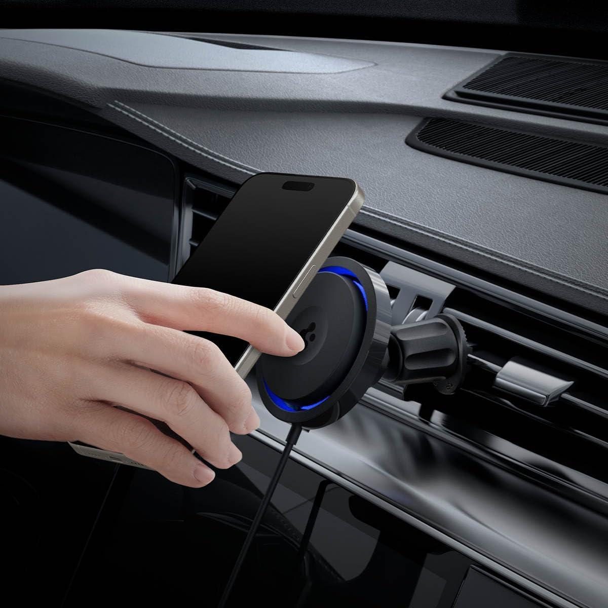 imageSpigen OneTap Pro 3 Cryomax Fast Charging with UltraQuiet Noiseless Cooling Wireless MagSafe Car Mount Charger Airvent Hook Designed for iPhone 16 Pro Max 16 Pro 16 Plus 15 14 13 amp 12 Series