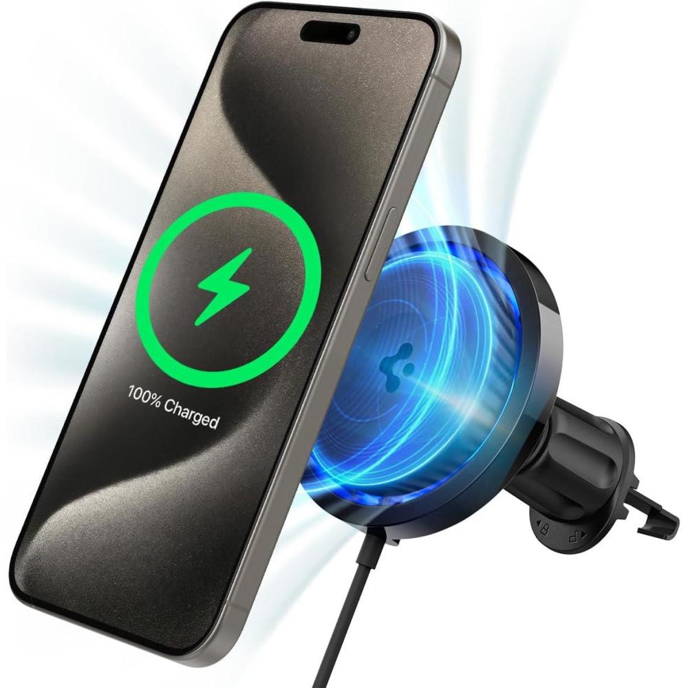 imageSpigen OneTap Pro 3 Cryomax Fast Charging with UltraQuiet Noiseless Cooling Wireless MagSafe Car Mount Charger Airvent Hook Designed for iPhone 16 Pro Max 16 Pro 16 Plus 15 14 13 amp 12 Series