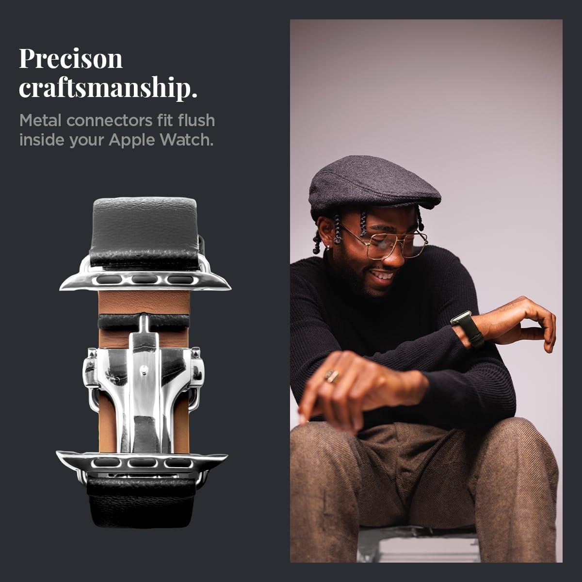 imageSpigen Enzo Genuine Leather Strap Designed for Apple Watch Band Ultra 21 49mm Series 10 46mm 987 45mm SE2SE654 44mm 321 42mm Dbuckle and Quickrelease ButtonsBlack