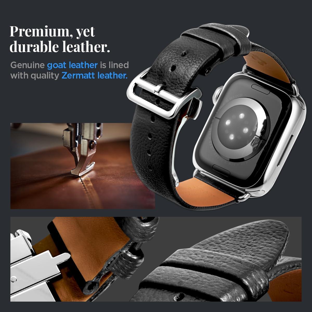 imageSpigen Enzo Genuine Leather Strap Designed for Apple Watch Band Ultra 21 49mm Series 10 46mm 987 45mm SE2SE654 44mm 321 42mm Dbuckle and Quickrelease ButtonsBlack