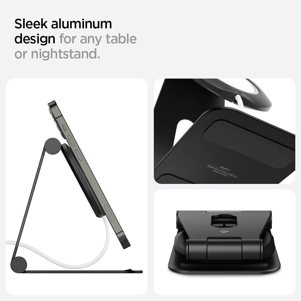 imageSpigen Mag Fit S Designed for MagSafe Charger Stand Aluminum Adjustable Phone Stand Compatible with iPhone 15141312 Series AirPod Pro AirPod Pro 2 AirPod 3 Charging Stand WhiteBlack