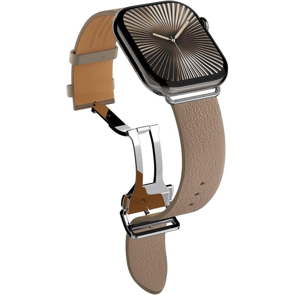 imageSpigen Enzo Genuine Leather Strap Designed for Apple Watch Band Series 10 42mm 987 41mm SE2SE654 40mm 321 38mm Dbuckle and Quickrelease ButtonsEtoupe