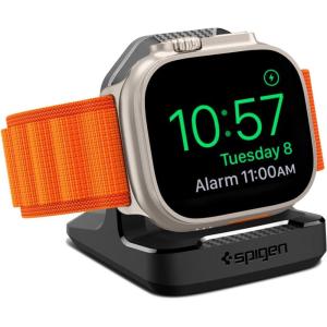 Spigen Rugged Armor Stand Designed for Apple Watch Charger Stand Compatible with Ultra 3/2/1 49mm, Series 11/10 46/42mm, 9/8/7 45/41mm, SE3/SE2/SE/6/5/4 44/40mm with Non-Slip Stable Base – Black(Black)