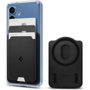 Spigen for MagSafe Wallet, Holds 3 Cards, Compatible with Galaxy S25/Ultra/Edge/Plus Z Fold 7 Pixel 10 Pro/Pro XL/Fold iPhone 17/16/15/14/13/12, Plaud Note, Card Holder – PU Black (MagFit+) | MagFit, Magnetic Case Only, Holds up to 3 Cards(PU Black (MagFit))