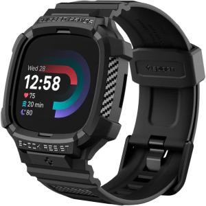 Spigen Rugged Armor Pro Designed for Fitbit Versa 4 / Sense 2 Case with Band Protective TPU Cover with Strap(Black)