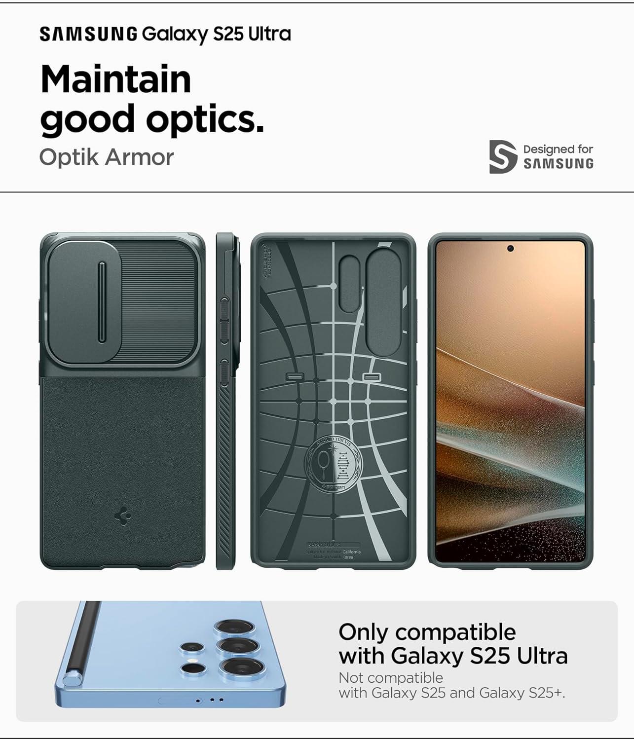 imageSpigen Optik Armor Designed for Galaxy S25 Ultra Case 2025 No Magnet Ring MilitaryGrade Protection Abyss GreenAbyss Green