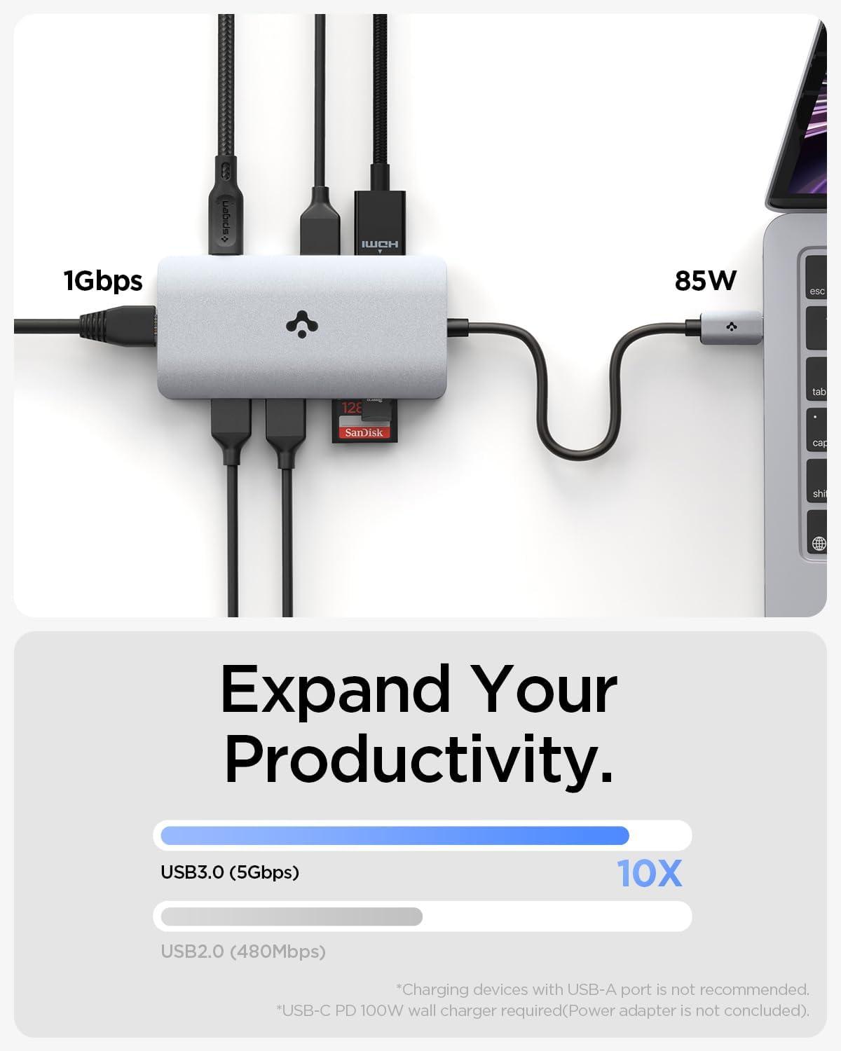 imageSpigen 8in1 USB C Hub Multiport Adapter 100W PD 30 microSDSD Card Reader 5Gbps Data Port for MacBook Pro Air M1 M2 Steam Deck Dell XPS 4K 60Hz HDMI Ethernet USB C and 3 USB A Port