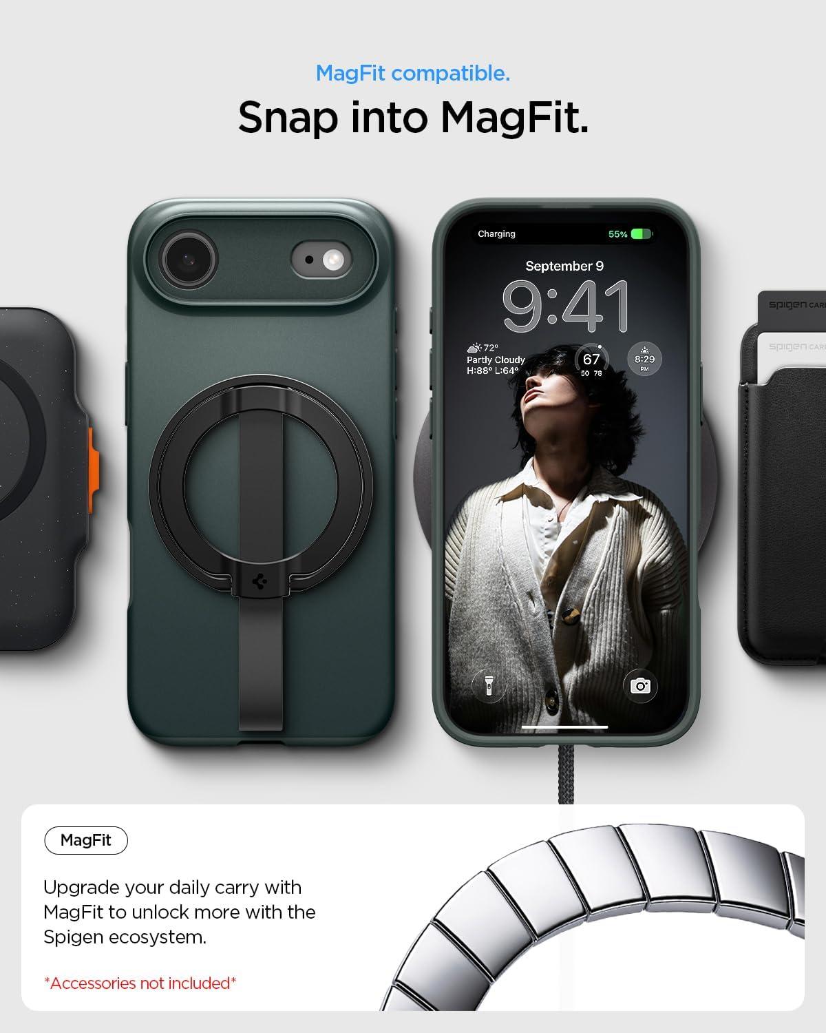 imageSpigen for iPhone 17 Pro Max Case Thin Fit MagFit TPU Covered Camera Control Compatible with MagSafe BlackAbyss Green