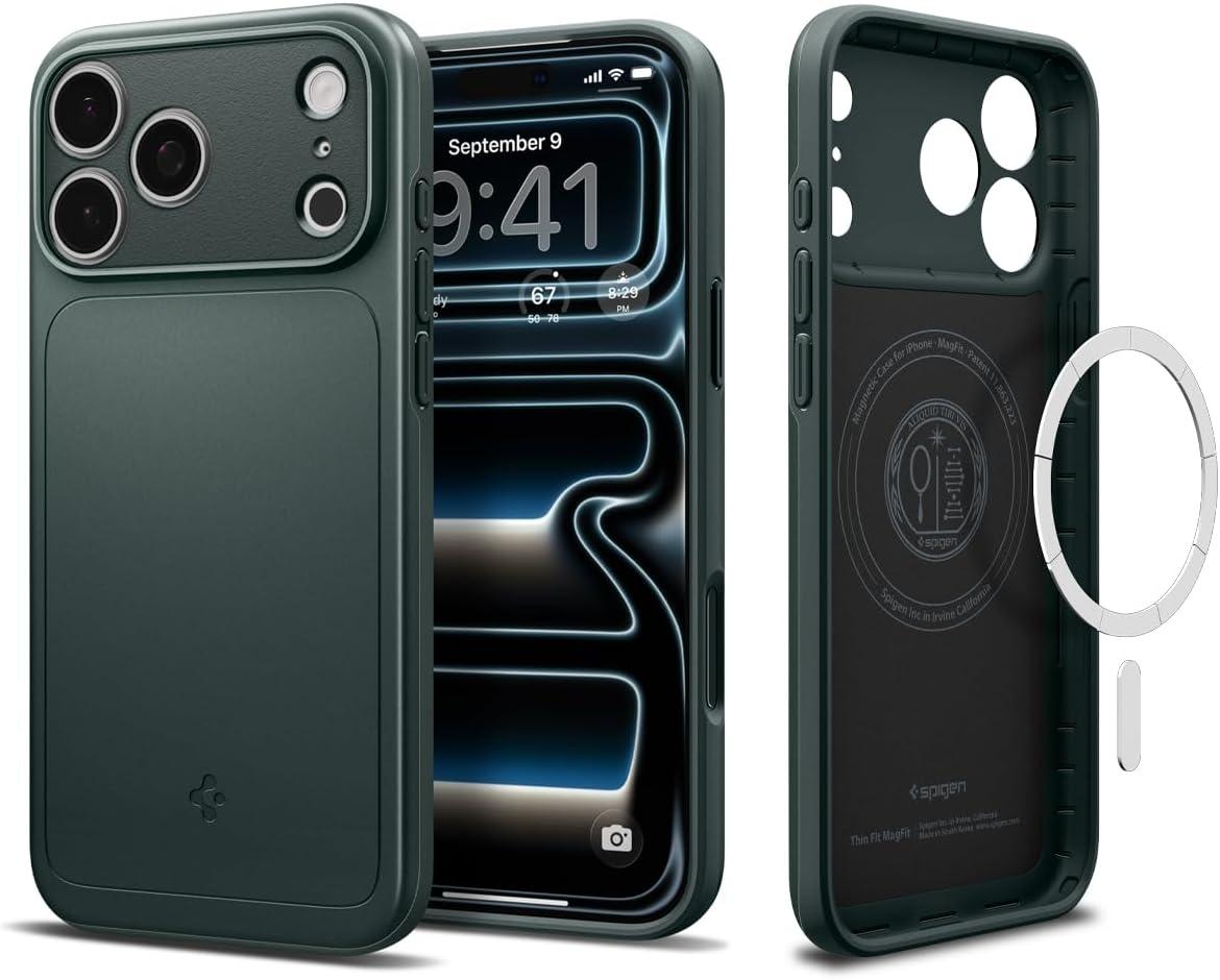 imageSpigen for iPhone 17 Pro Max Case Thin Fit MagFit TPU Covered Camera Control Compatible with MagSafe BlackAbyss Green