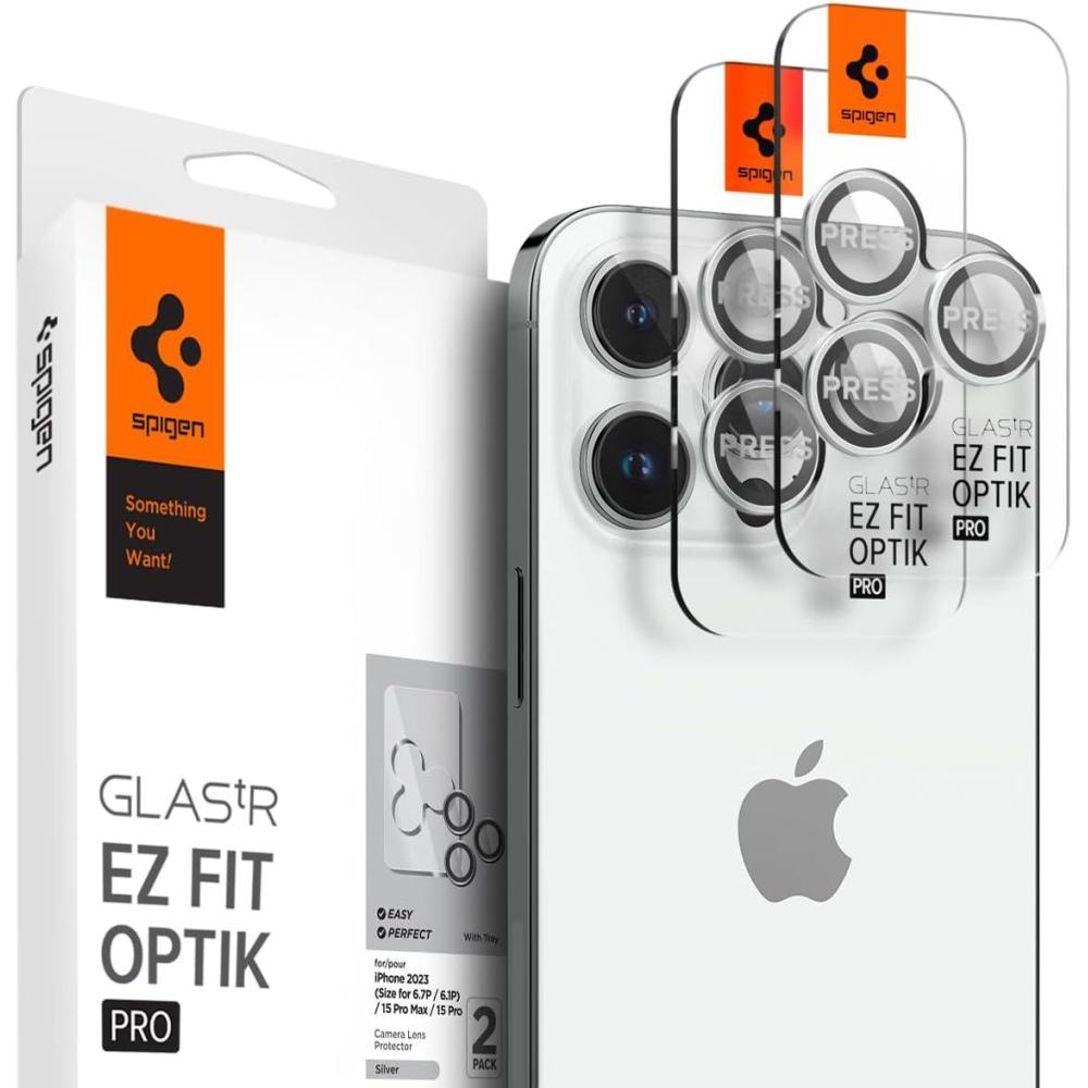 imageSpigen Camera Lens Screen Protector GlasTR EZ Fit Optik Pro Designed for iPhone 16 Pro MaxiPhone 16 ProiPhone 15 Pro MaxiPhone 15 Pro Case Friendly Natural Titanium 2 PackSilver iPhone 15 series