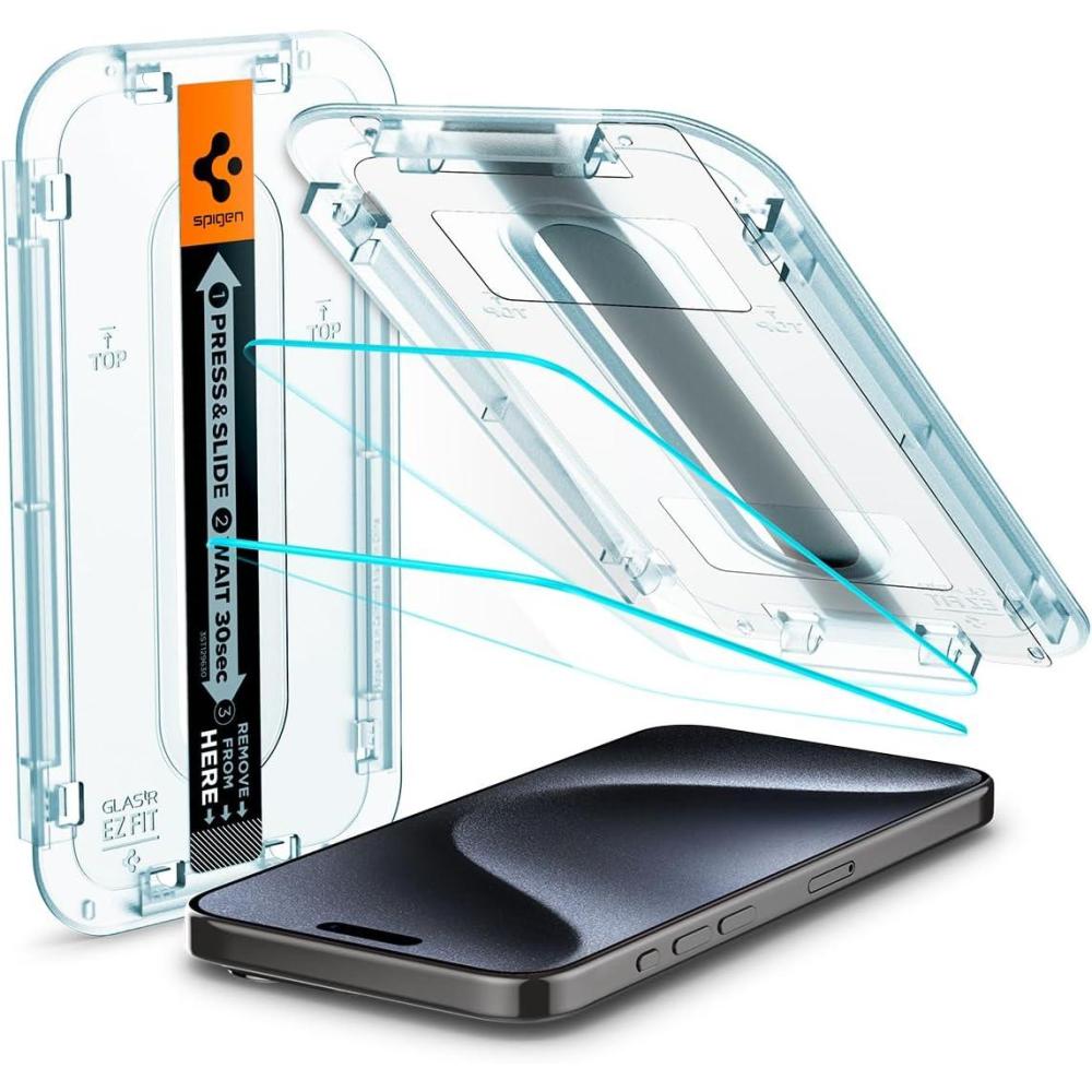 imageSpigen Tempered Glass Screen Protector GlasTR EZ FIT designed for iPhone 15 Pro Case Friendly 2 PackiPhone 15 Pro