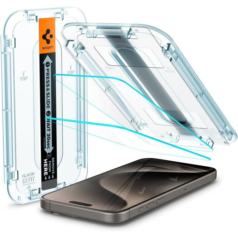 imageSpigen Tempered Glass Screen Protector GlasTR EZ FIT designed for iPhone 15 Pro Max Case Friendly 2 PackiPhone 15 Pro Max