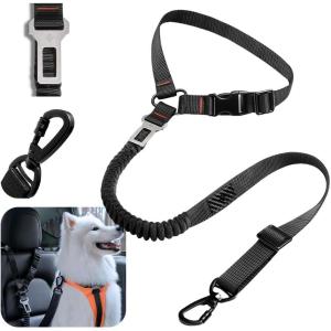 Spigen 2 in 1 Car Seat Belt Tether for Dogs (Headrest & Seatbelt Buckle) | High-Strength Heavy-Duty Strap | Adjustable Anti-Shock Bungee Leash(Black)
