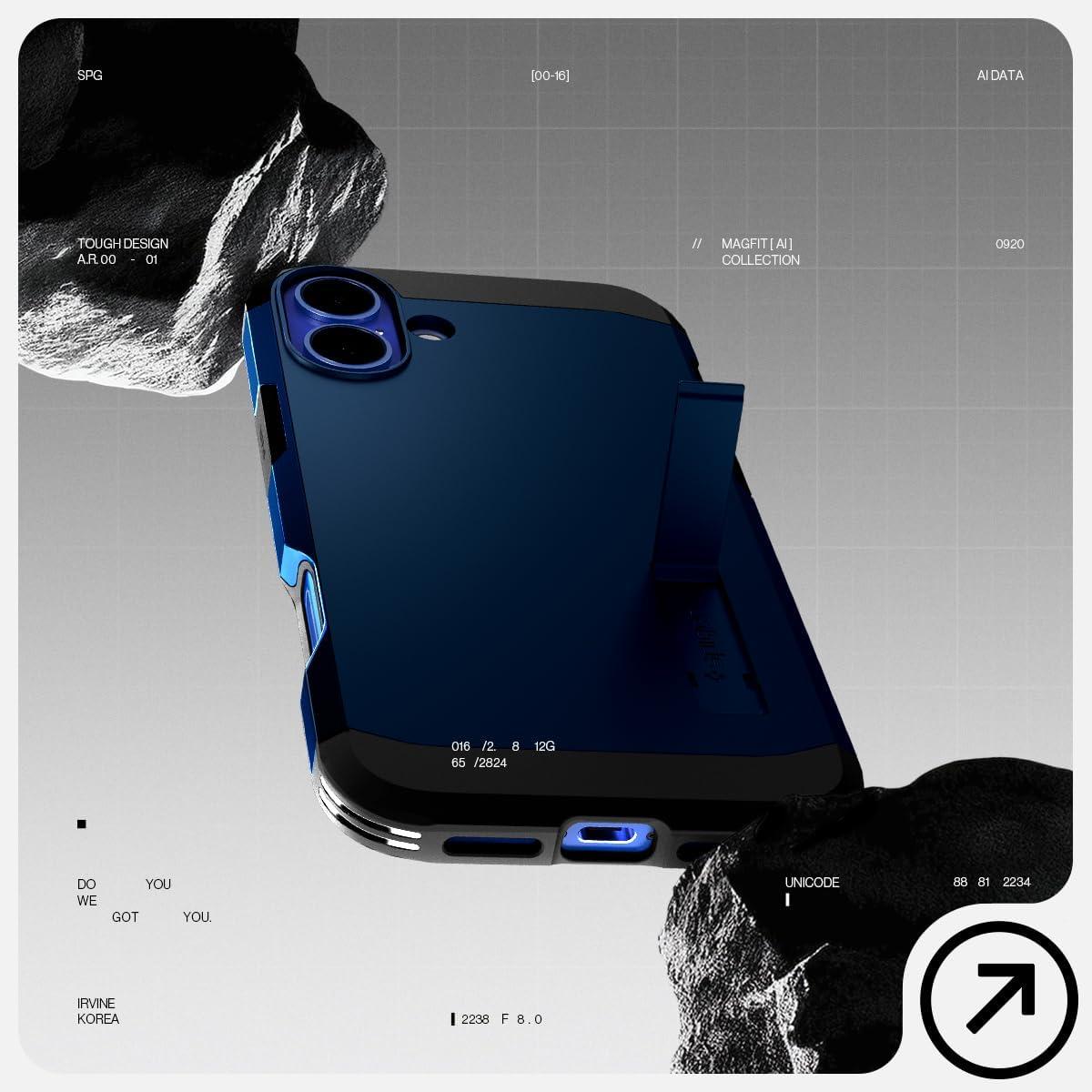 imageSpigen for iPhone 16 Case Tough Armor Ai MagFit Compatible with Magsafe Kickstand MilitaryGrade Protection BlackNavy Blue