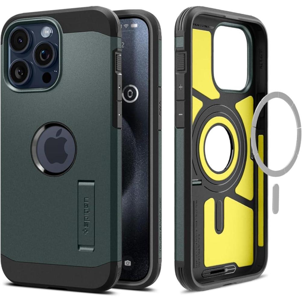 imageSpigen for iPhone 16 Case Tough Armor Ai MagFit Compatible with Magsafe Kickstand MilitaryGrade Protection BlackAbyss Green