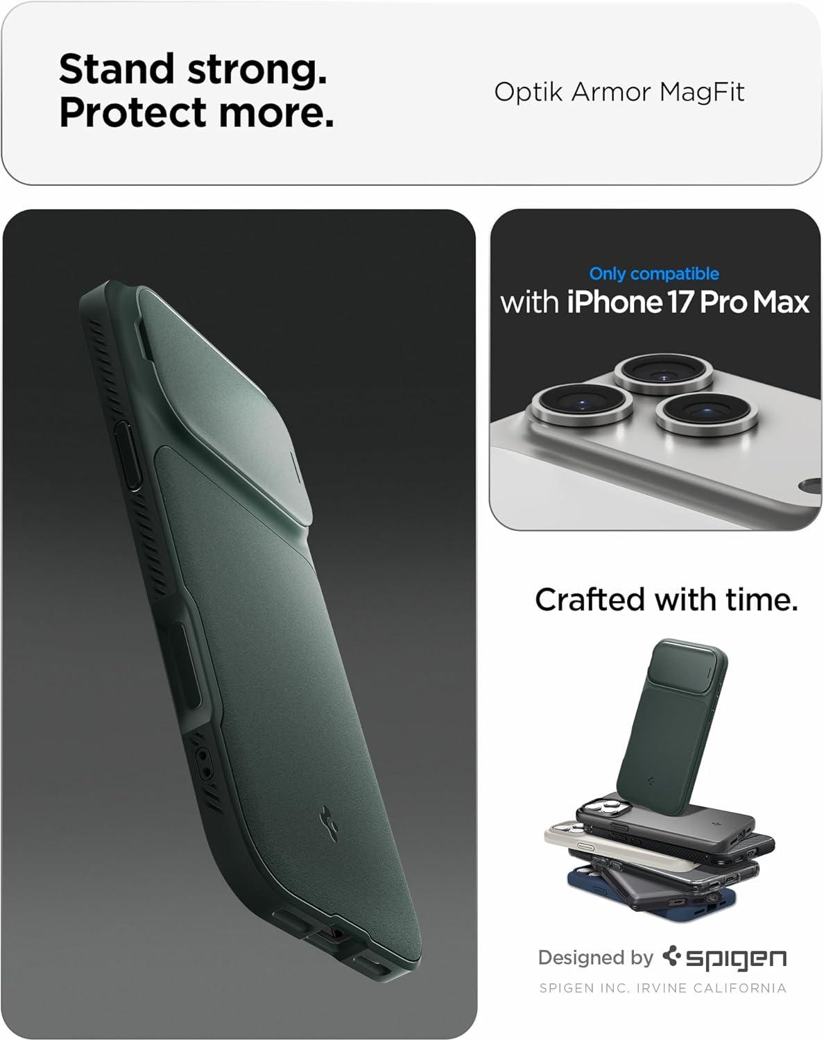 imageSpigen for iPhone 17 Case Optik Armor MagFit TPU Covered Camera Control Camera CoverKickstand Compatible with MagSafe Abyss GreenAbyss Green