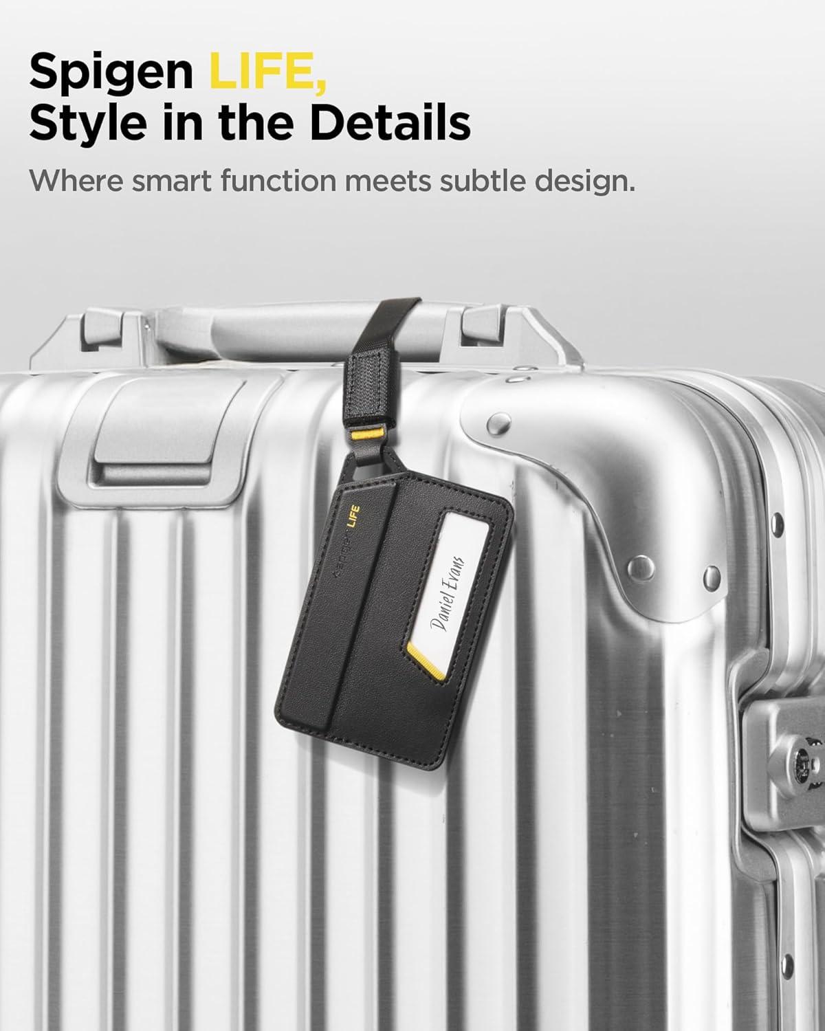 imageSpigen Life Luggage Tags Premium Velo Vegan Leather ID Label for Suitecase Travel Bag Accessories with Magnetic Closure Privacy Protection Design Durable Strap Black 1 PackBlack 1 Pack