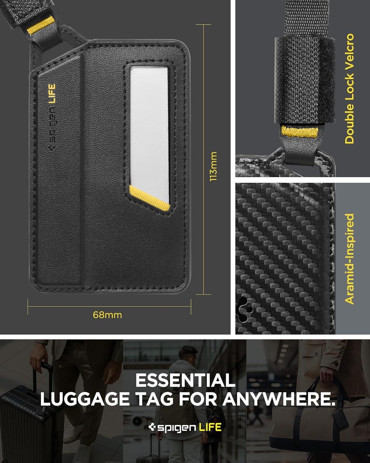 imageSpigen Life Luggage Tags Premium Velo Vegan Leather ID Label for Suitecase Travel Bag Accessories with Magnetic Closure Privacy Protection Design Durable Strap Black 1 PackBlack 2 Pack