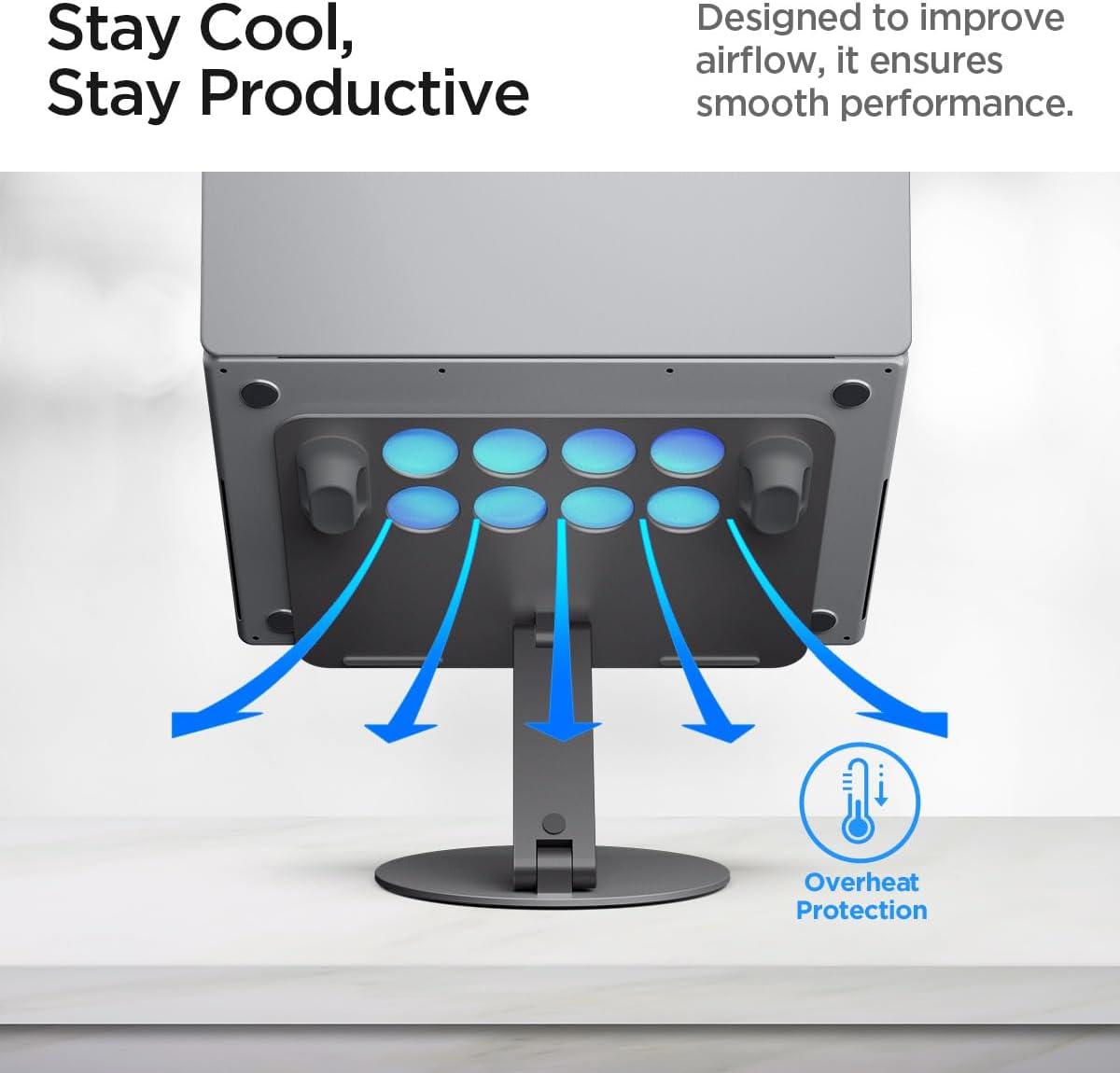 imageSpigen ArcDock Laptop Stand with 6 in 1 Hub USBA 30 USBC 30 PD 100W 4K 60Hz HDMI Universal Adjustable Folding Laptop Dock with 360 Rotating Base Space GreyCable Organizer Stand