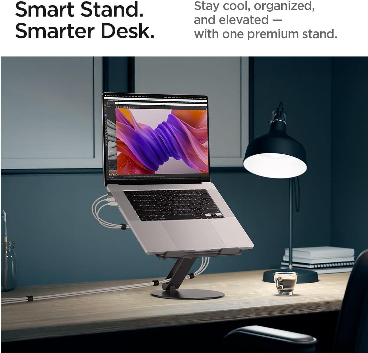imageSpigen ArcDock Laptop Stand with 6 in 1 Hub USBA 30 USBC 30 PD 100W 4K 60Hz HDMI Universal Adjustable Folding Laptop Dock with 360 Rotating Base Space GreyCable Organizer Stand