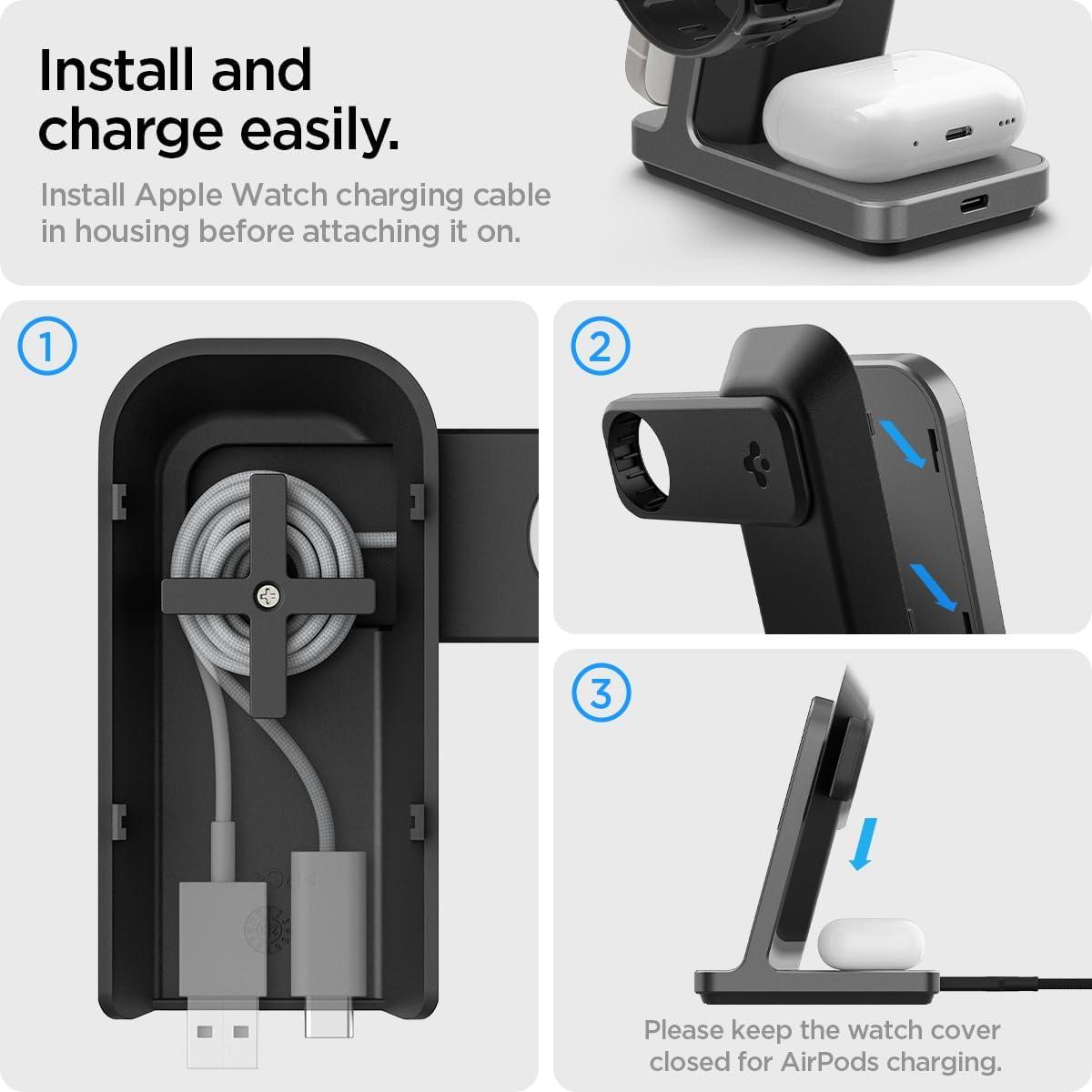 imageSpigen for 3 in 1 Charging Station Qi2 MagSafe Charger Stand 15W Compatible with iPhone 171615141312 Apple Watch Ultra 321 Apple Watch 1110987654321SE AirPods Pro 321 AirPods 43Gunmetal