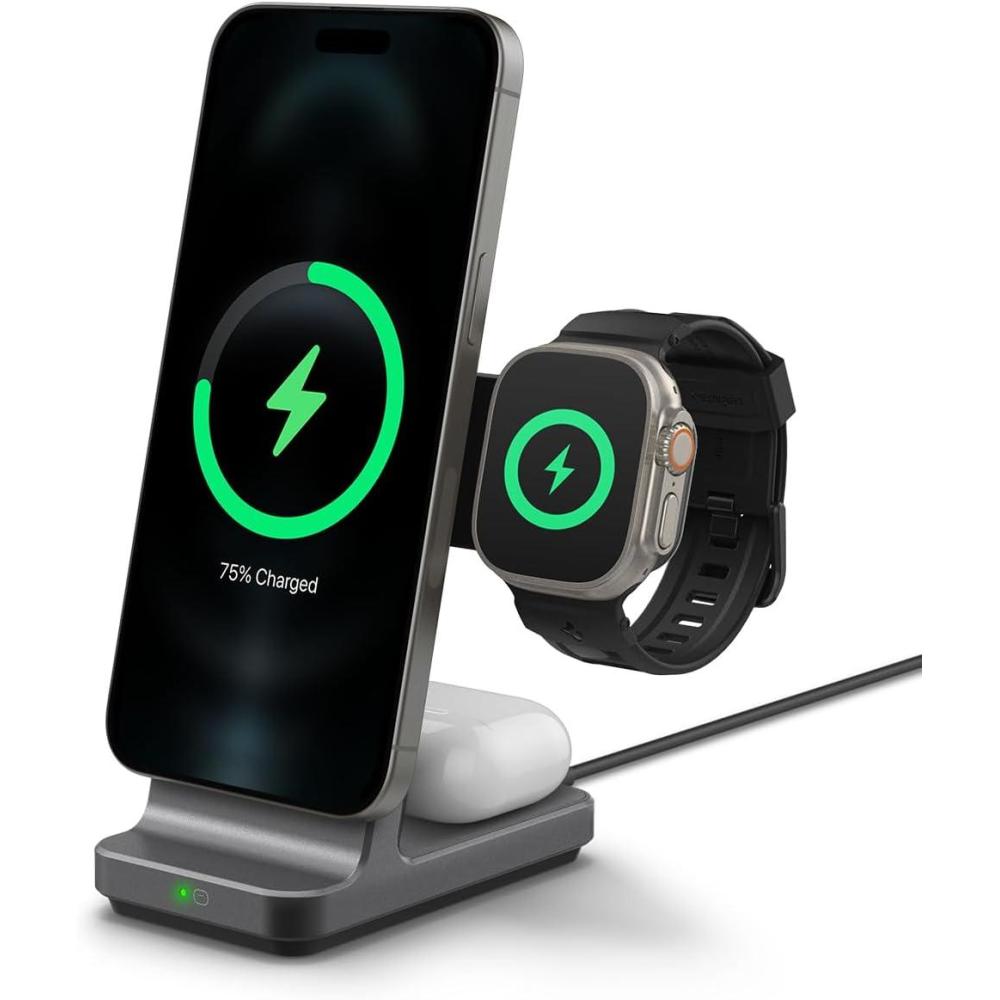 imageSpigen for 3 in 1 Charging Station Qi2 MagSafe Charger Stand 15W Compatible with iPhone 171615141312 Apple Watch Ultra 321 Apple Watch 1110987654321SE AirPods Pro 321 AirPods 43Gunmetal