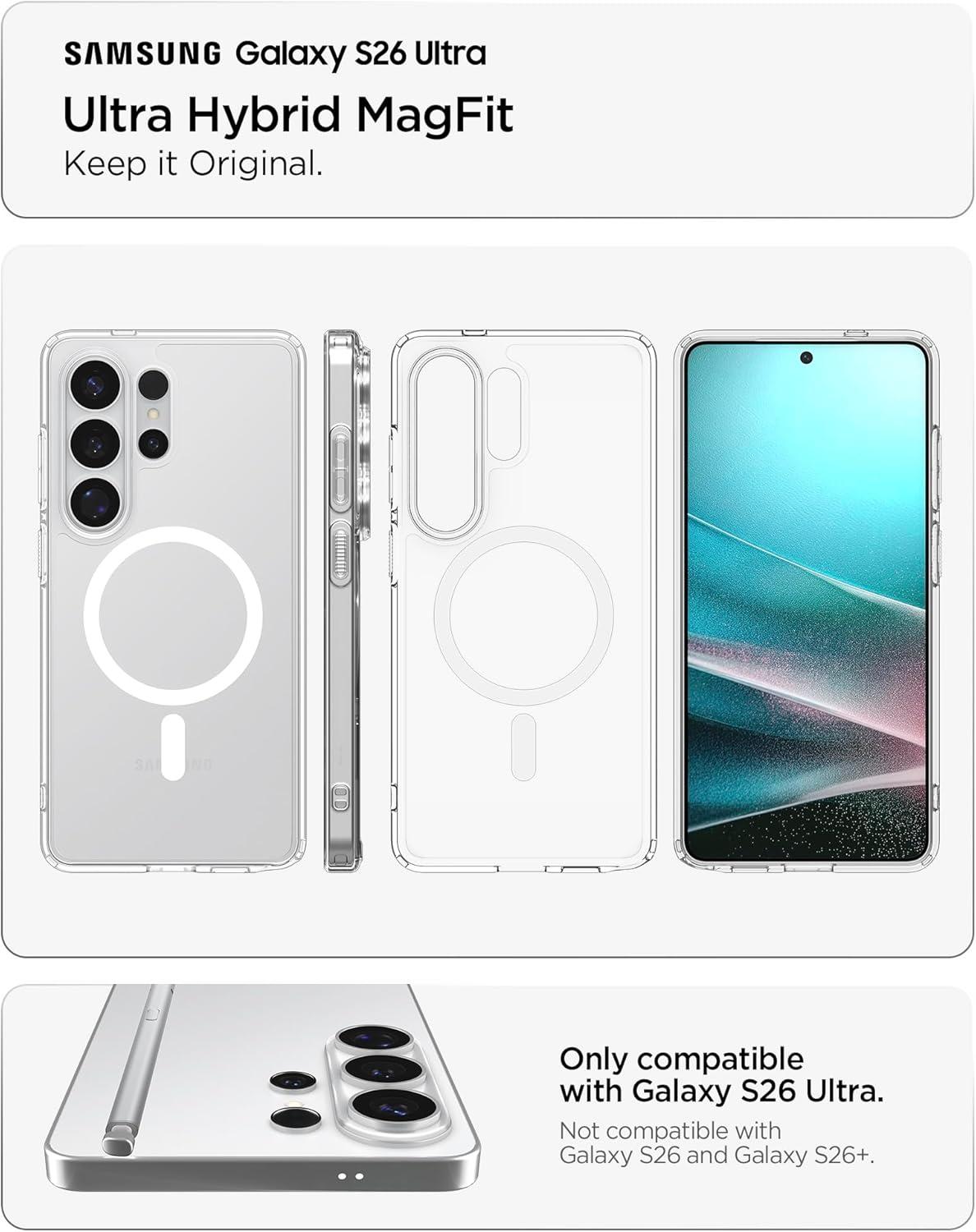 imageSpigen for Galaxy S26 Ultra Case Ultra Hybrid MagFit AntiYellowing Compatible with MagSafe Fast Wireless Charging Clear WhiteClear White