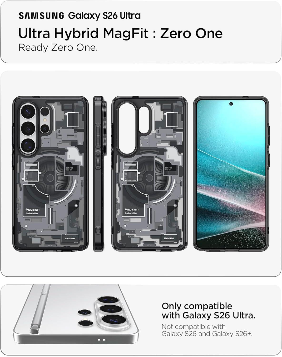 imageSpigen for Galaxy S26 Ultra Case Ultra Hybrid MagFit AntiYellowing Compatible with MagSafe Fast Wireless Charging Clear WhiteZero One Black