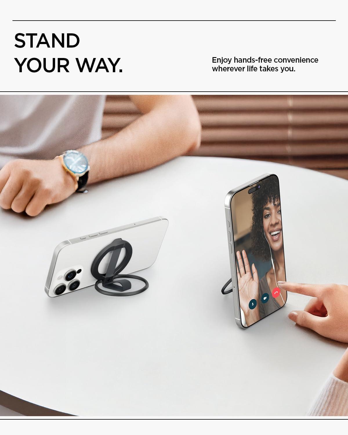 imageSpigen for MagSafe Phone Grip MagFit Compatible with iPhone 1716151413AirProPro Max Galaxy S26 Series Pixel 10 Series Pixelsnap amp More Magnetic Phone Holder Finger Loop Nylon Strap SilverBlack