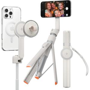 Spigen Selfie Stick Tripod Stand with Bluetooth Remote Control Shutter 24″ Extendable Compatible with MagSafe iPhone 17/16/15/14/13/12 Pixelsnap Pixel 10 Series & More – Black (S571W)(Dune Beige (MagFit+))