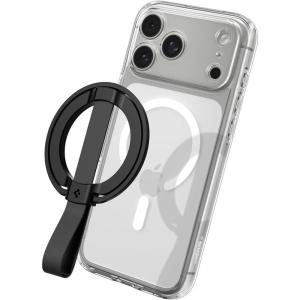 Spigen for MagSafe Phone Grip MagFit, Compatible with iPhone 17/16/15/14/13/Air/Pro/Pro Max, Galaxy S26 Series, Pixel 10 Series, Pixelsnap & More Magnetic Phone Holder Finger Loop Nylon Strap – Silver(Black)
