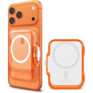 Spigen for MagSafe Wallet, Heavy Duty Hardshell Magnetic Card Holder Compatible with iPhone 17/16/15/14/13/12 Pixel 10 Series MagSafe-Cases Pixelsnap Holds 5-6/7-8 Cards(Frost Clear Orange (TT))