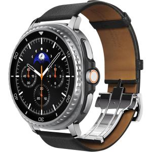 Spigen Enzo Genuine Leather Strap Designed for Samsung Galaxy Watch 8 44/40mm, 8 Classic 46mm Band (2025) – Black(Black)