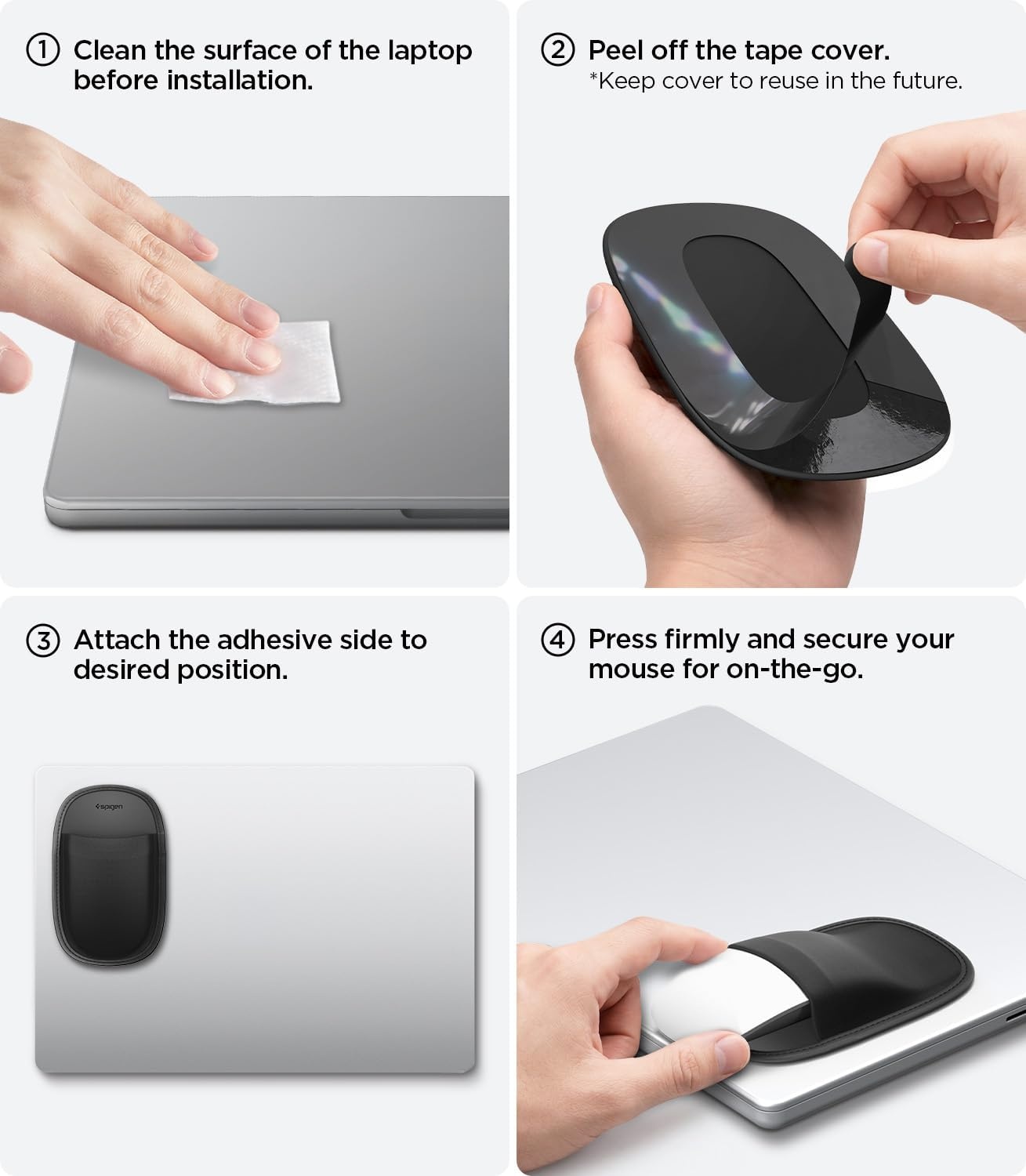 imageSpigen StickOn Mouse Holder for Laptop Tablet MacBook and iPad Reusable Adhesive No Glue Residue Fits Magic Mouse and Logitech Microfiber Sleeve Universal BlackMouse Holder