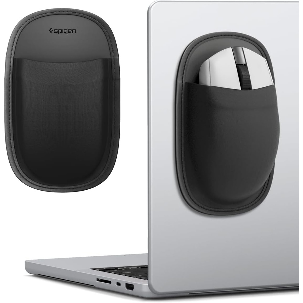 imageSpigen StickOn Mouse Holder for Laptop Tablet MacBook and iPad Reusable Adhesive No Glue Residue Fits Magic Mouse and Logitech Microfiber Sleeve Universal BlackMouse Holder